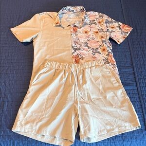 SHEIN Floral Patchwork Shirt and Shorts Set - Cream and Floral